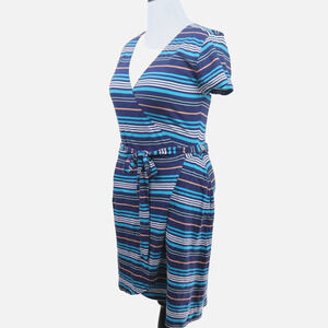 Pact Size L Organic Cotton Tulip Wrap Dress Jersey Striped Blue